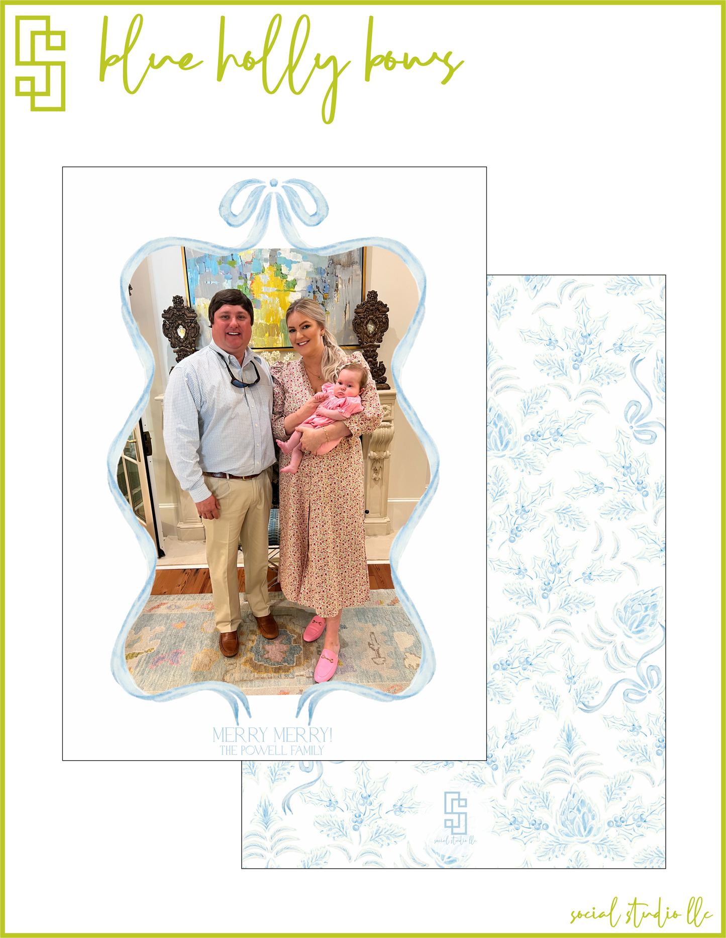 Blue Holly Bows Holiday Card