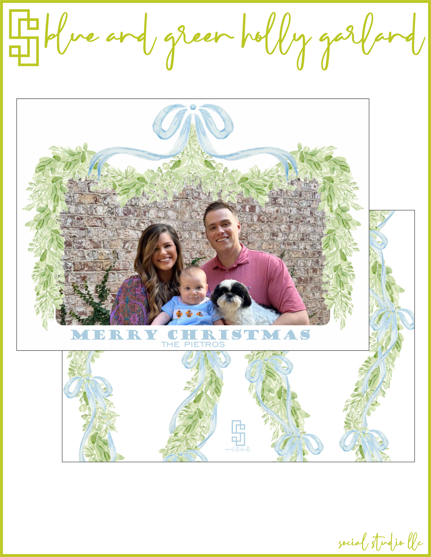 Blue and Green Holly Garland Holiday Card