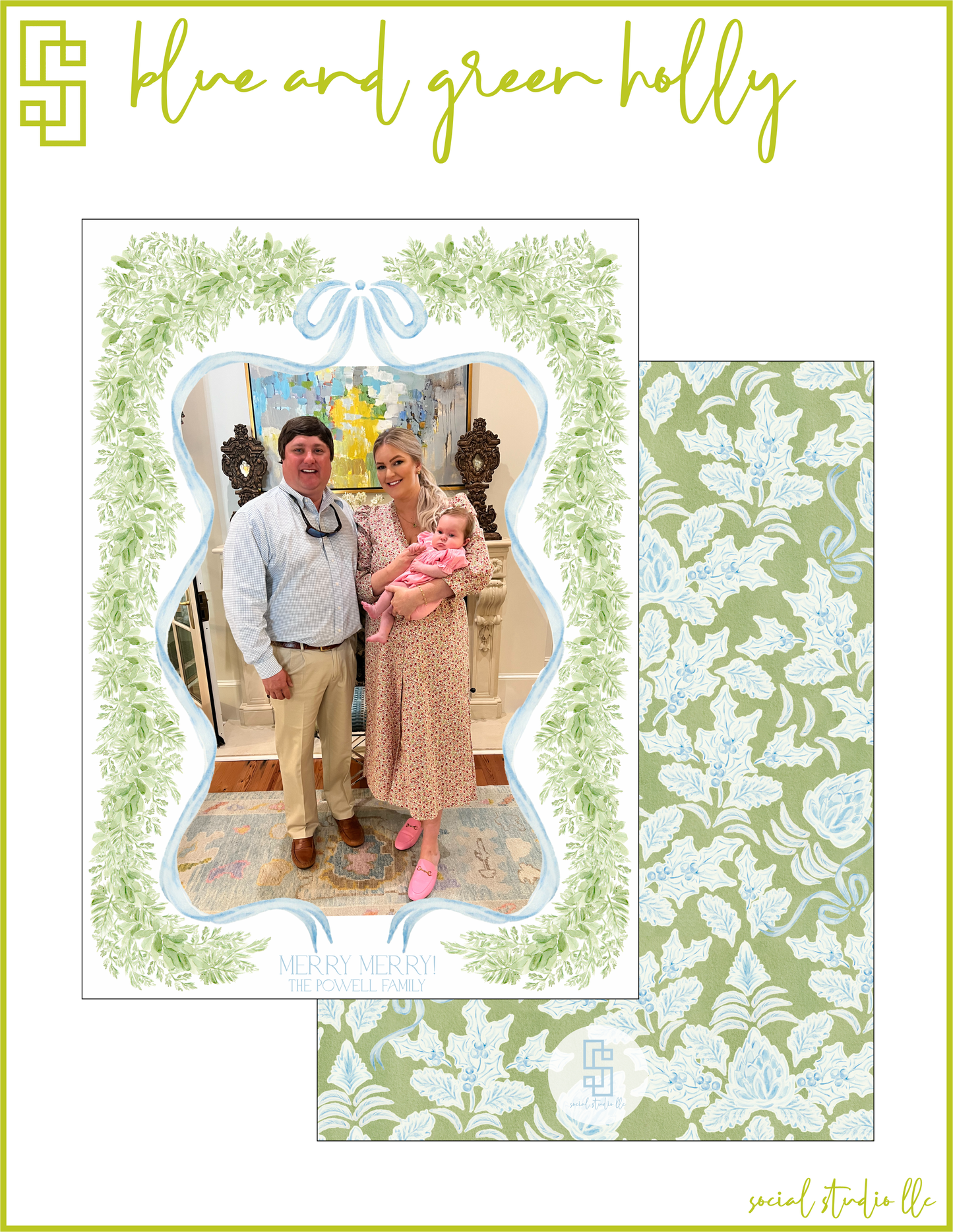 Blue and Green Holly Holiday Card