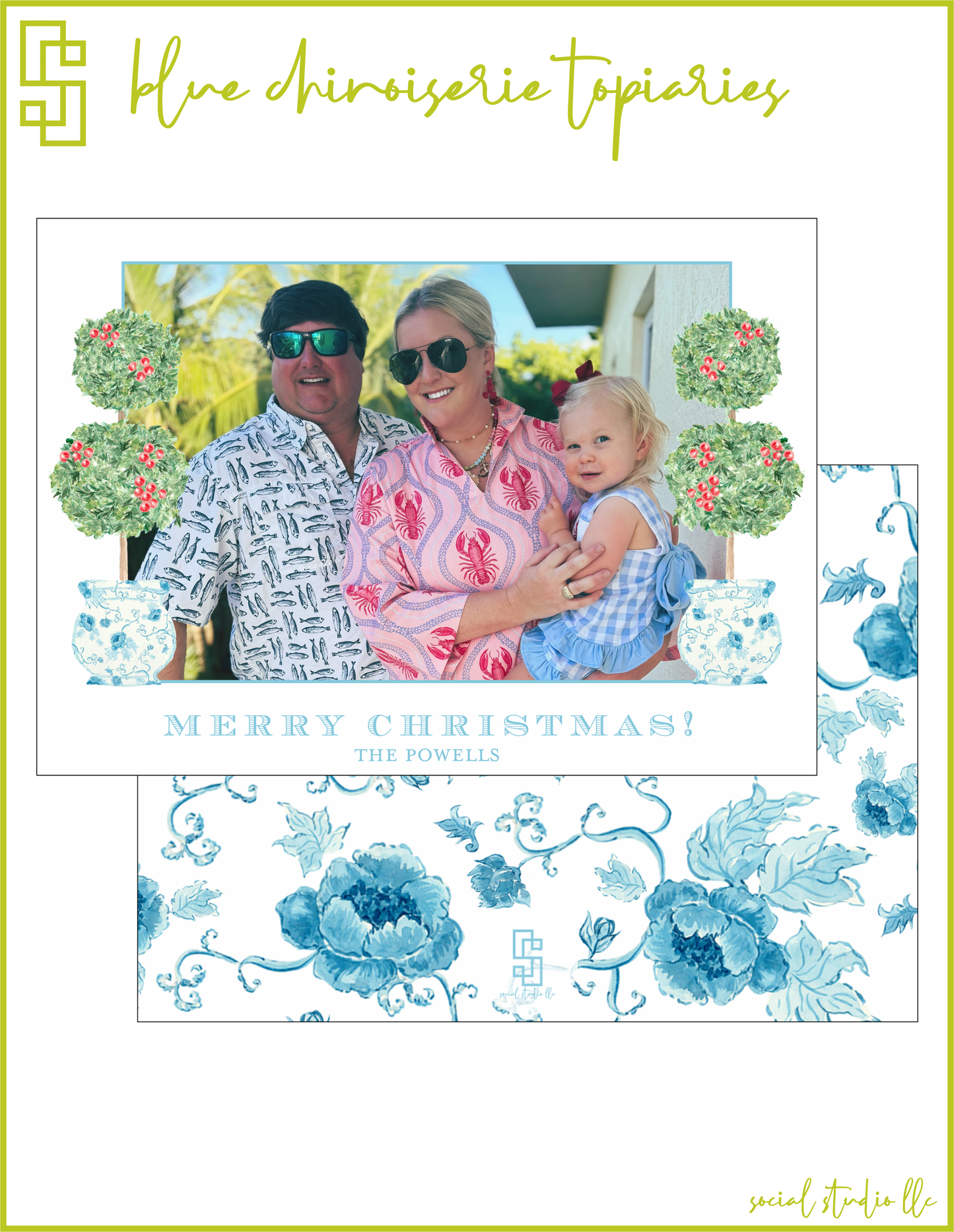 Blue Chinoiserie Topiaries Holiday Card
