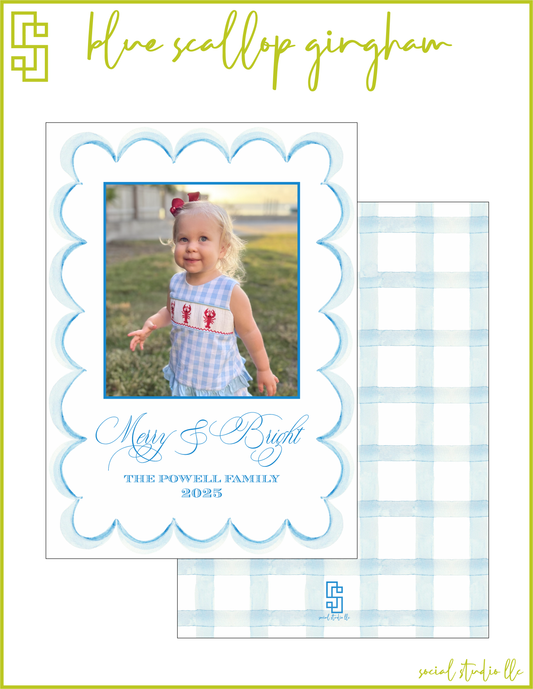Blue Scallop Gingham Holiday Card