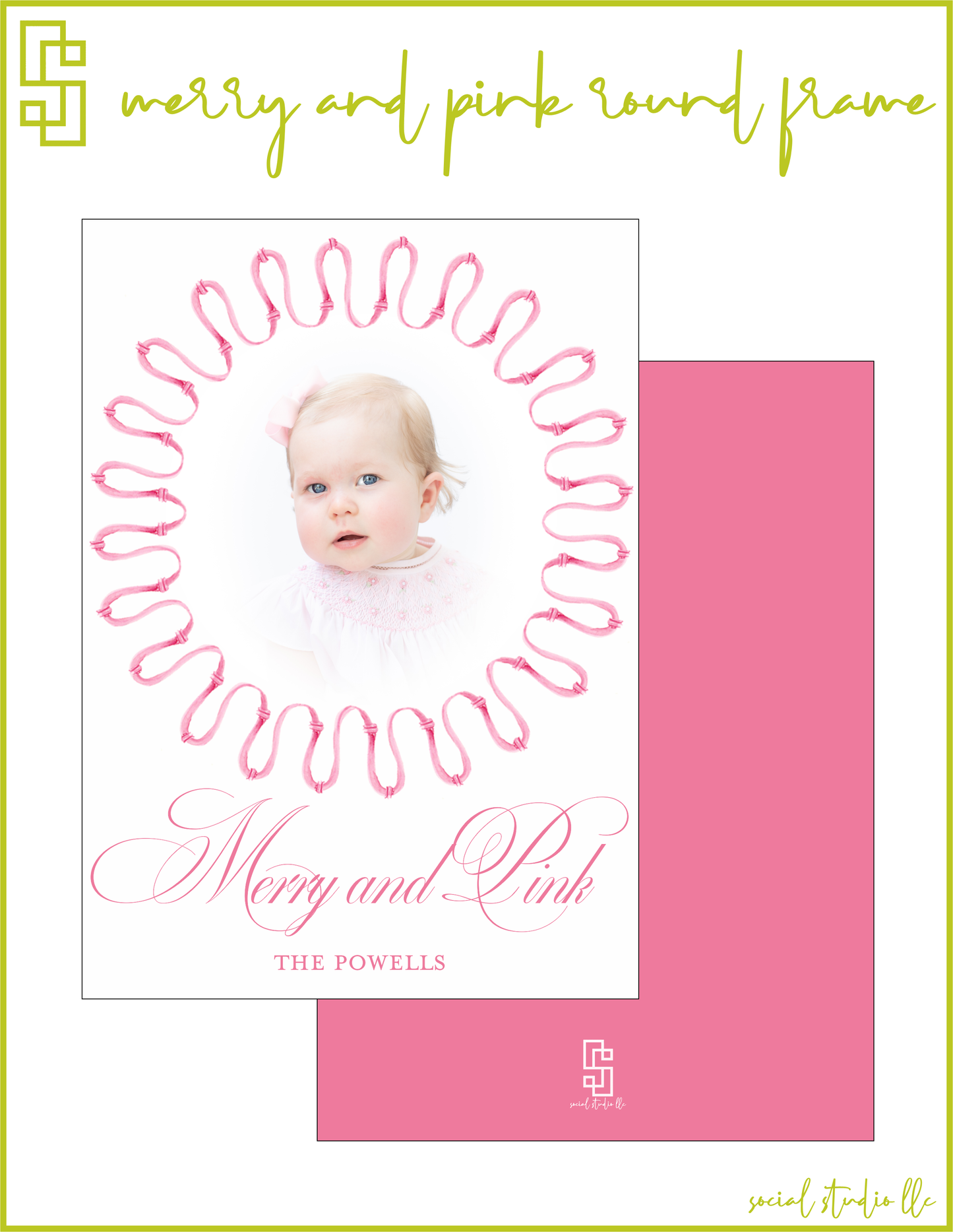 Merry and Pink Round Frame Holiday Card