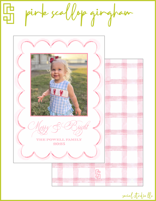 Pink Scallop Gingham Holiday Card